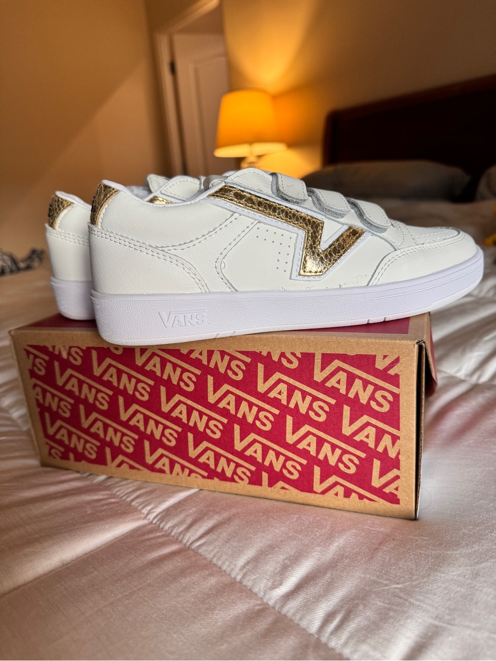 Vans White Lowland CC with Gold V Accent - Velcro